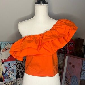 Sunday in Brooklyn One-Shoulder Ruffle Crop Top in Orange